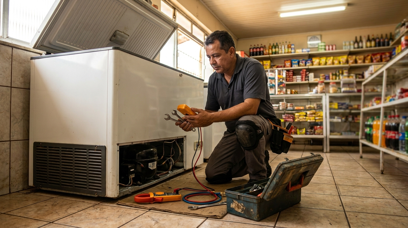 Profissional executando manutenção no motor de freezer em São Bernardo do Campo‑SP