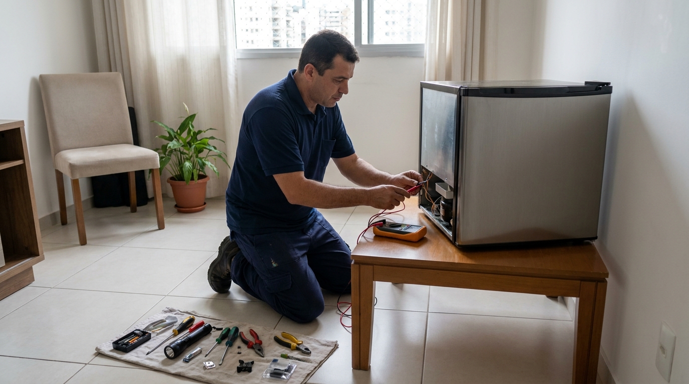 Técnico fazendo manutenção do motor de frigobar em São Bernardo do Campo‑SP